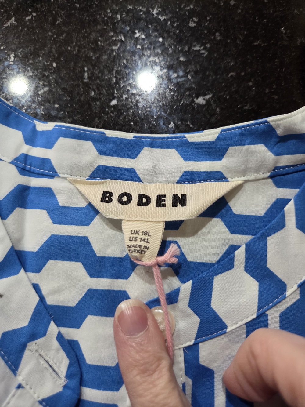 Boden Blue and White Geometric Cotton Dress - Size 14L - Picture 4 of 9